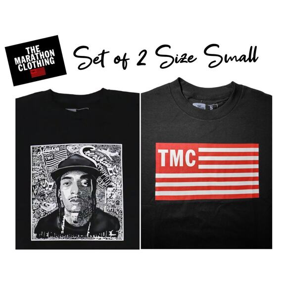 NWT The Marathon Clothing 2-Pk T-Shirt Nipsey Hussle TMC Flag In Black Size S - Picture 1 of 7
